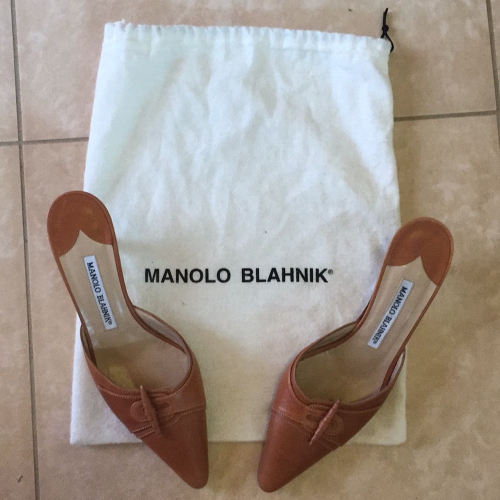 Manolo Blahnik Toggle Kitten Heel Leather Mules